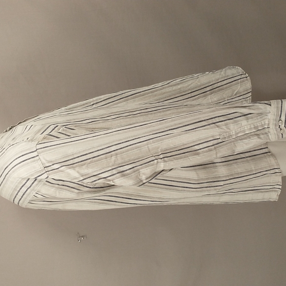 Natural Fiber USA Made XL Shirt Linen Cotton Band Collar Button Front Striped - Picture 3 of 8